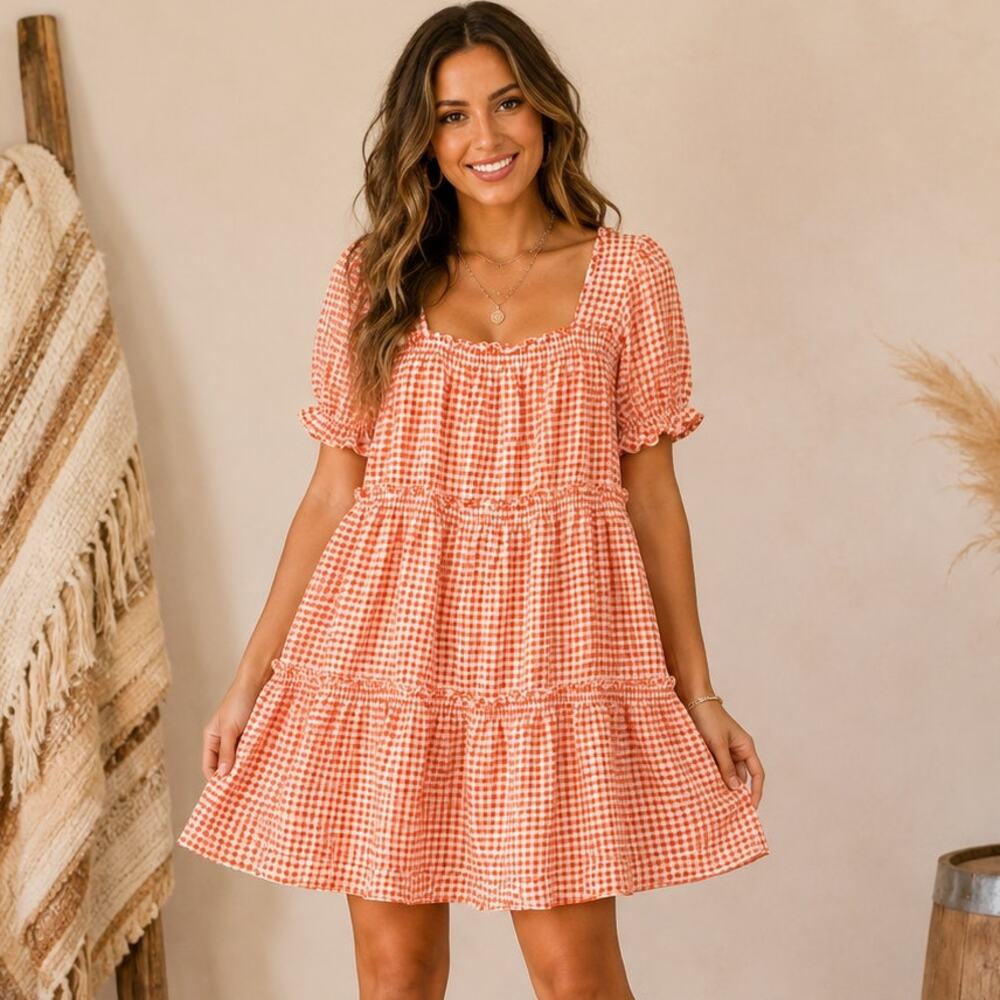 NWT Princess Polly Orange + White Gingham Mini Dress Size 6
